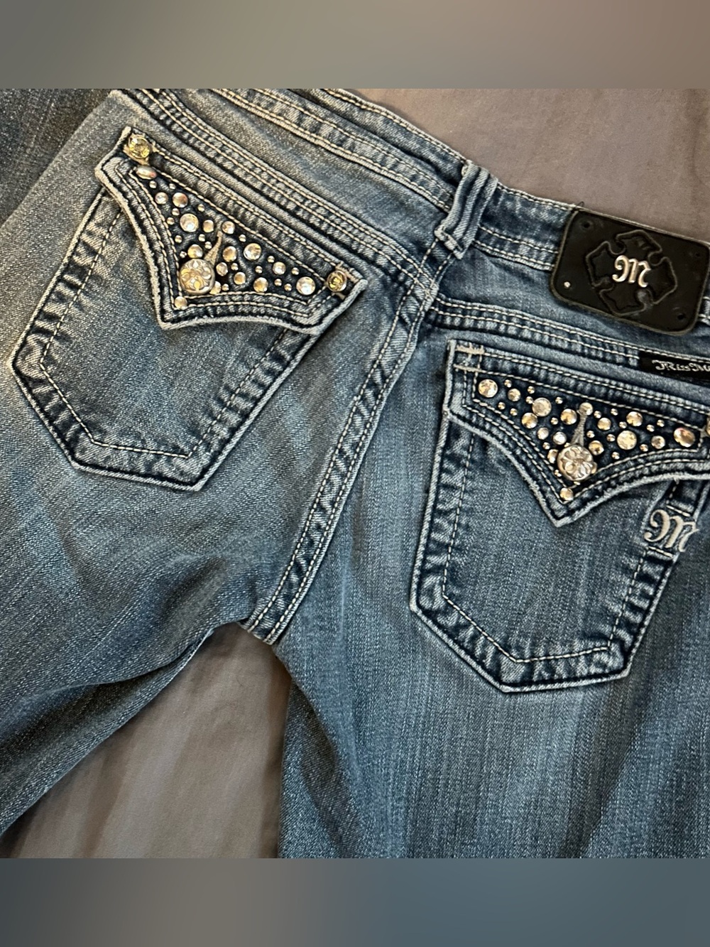 Miss Me Blue Bootcut Jeans with Rhinestone Pocket Accents